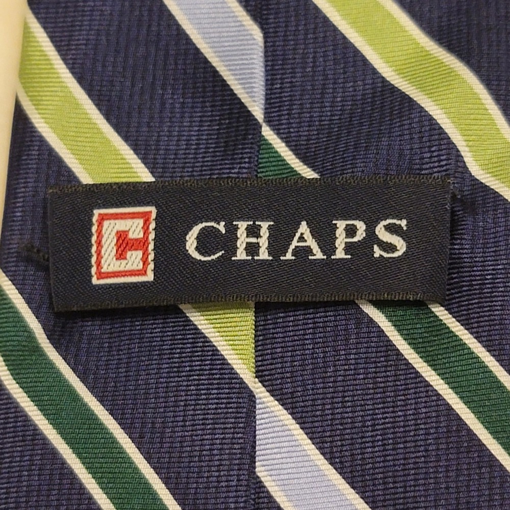 Chaps Silk Necktie Mens OS Navy Blue Green Striped Classic Hand Made Tie - Picture 4 of 8